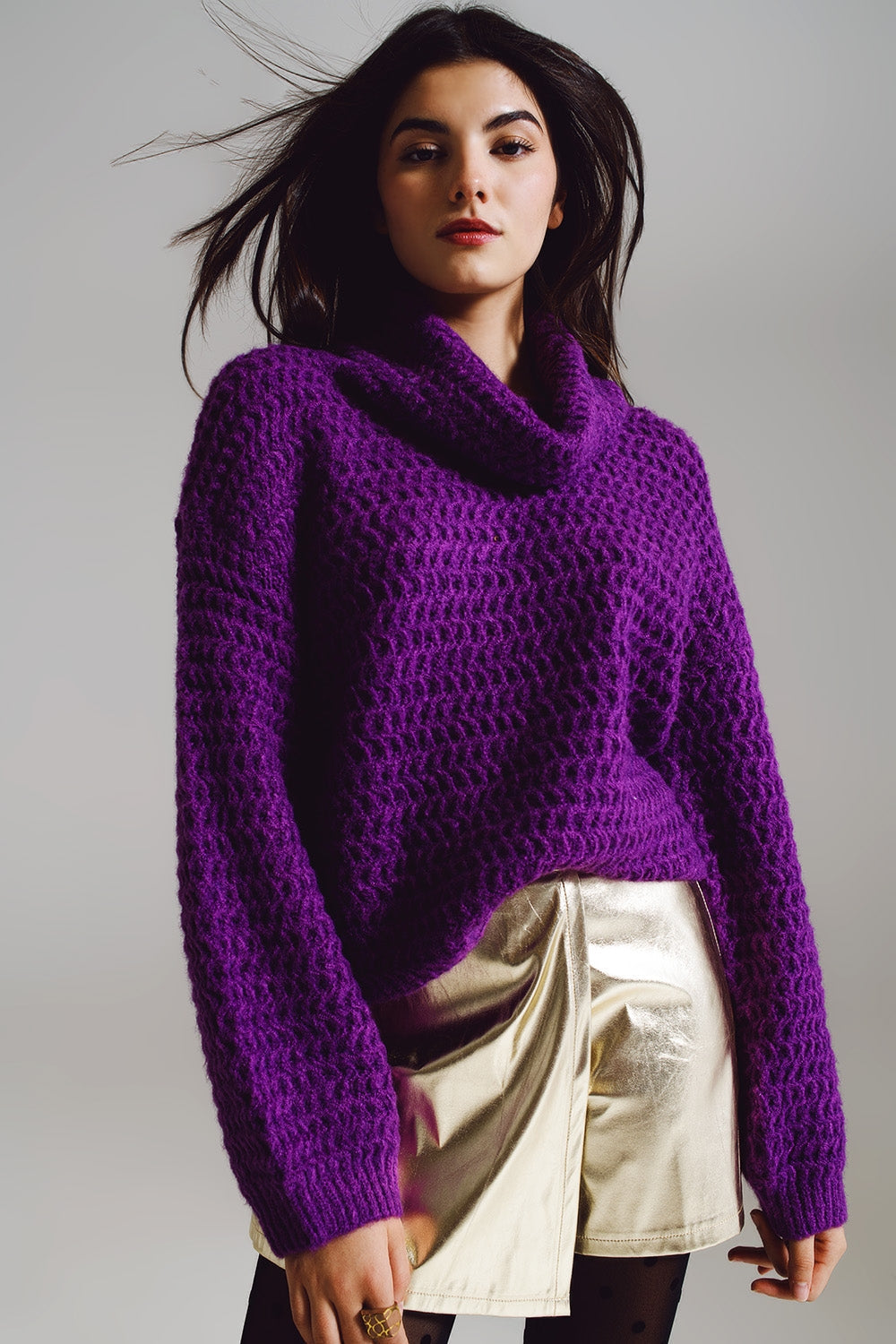 Waffle Knit Sweater With Turtle Neck